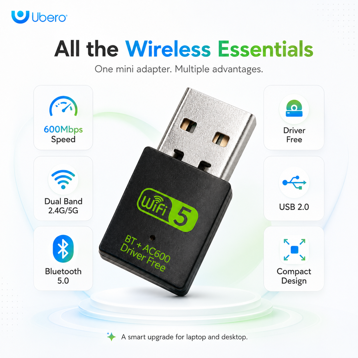 Ubero 2.4/5G WiFi & Bluetooth USB Mini Adapter 600mpbs 2-in-1 Dongle - Image 4