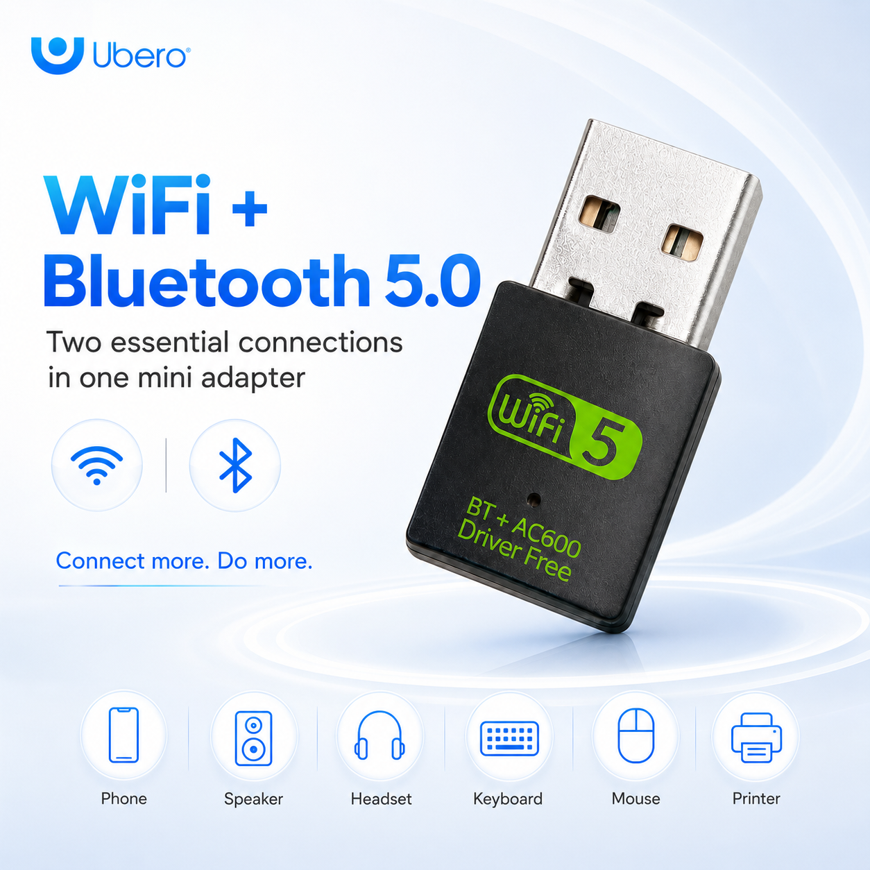 Ubero 2.4/5G WiFi & Bluetooth USB Mini Adapter 600mpbs 2-in-1 Dongle - Image 2