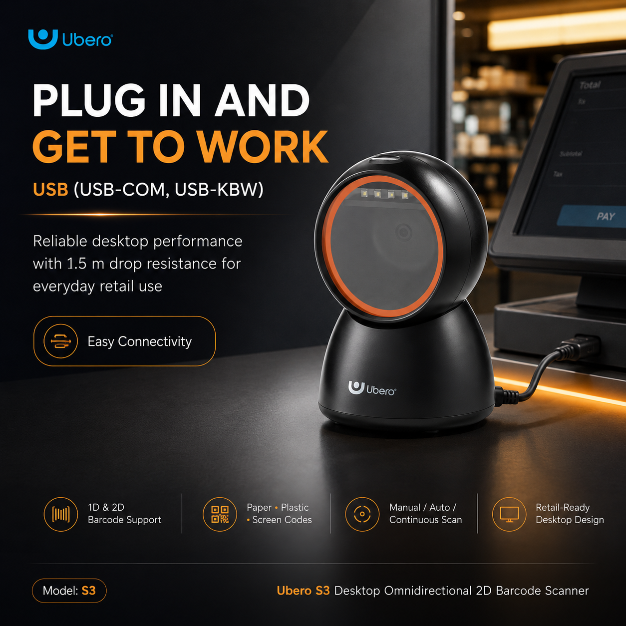 Ubero S3 Desktop Omidirectional 2D Barcode Scanner - Image 7