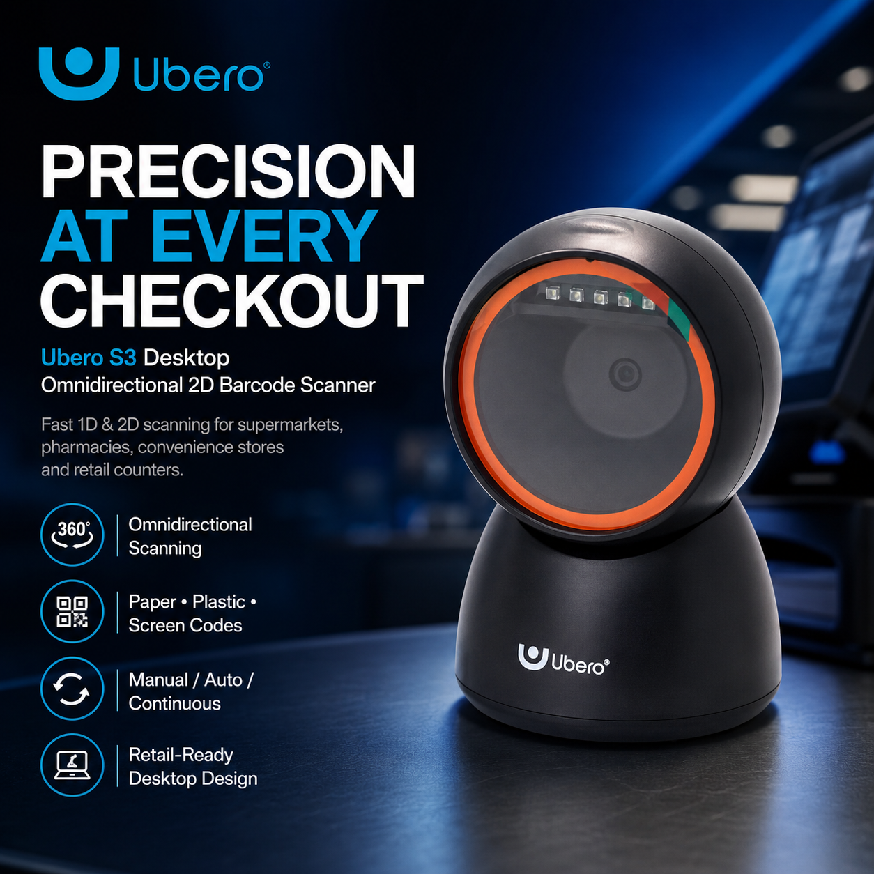 Ubero S3 Desktop Omidirectional 2D Barcode Scanner - Image 16